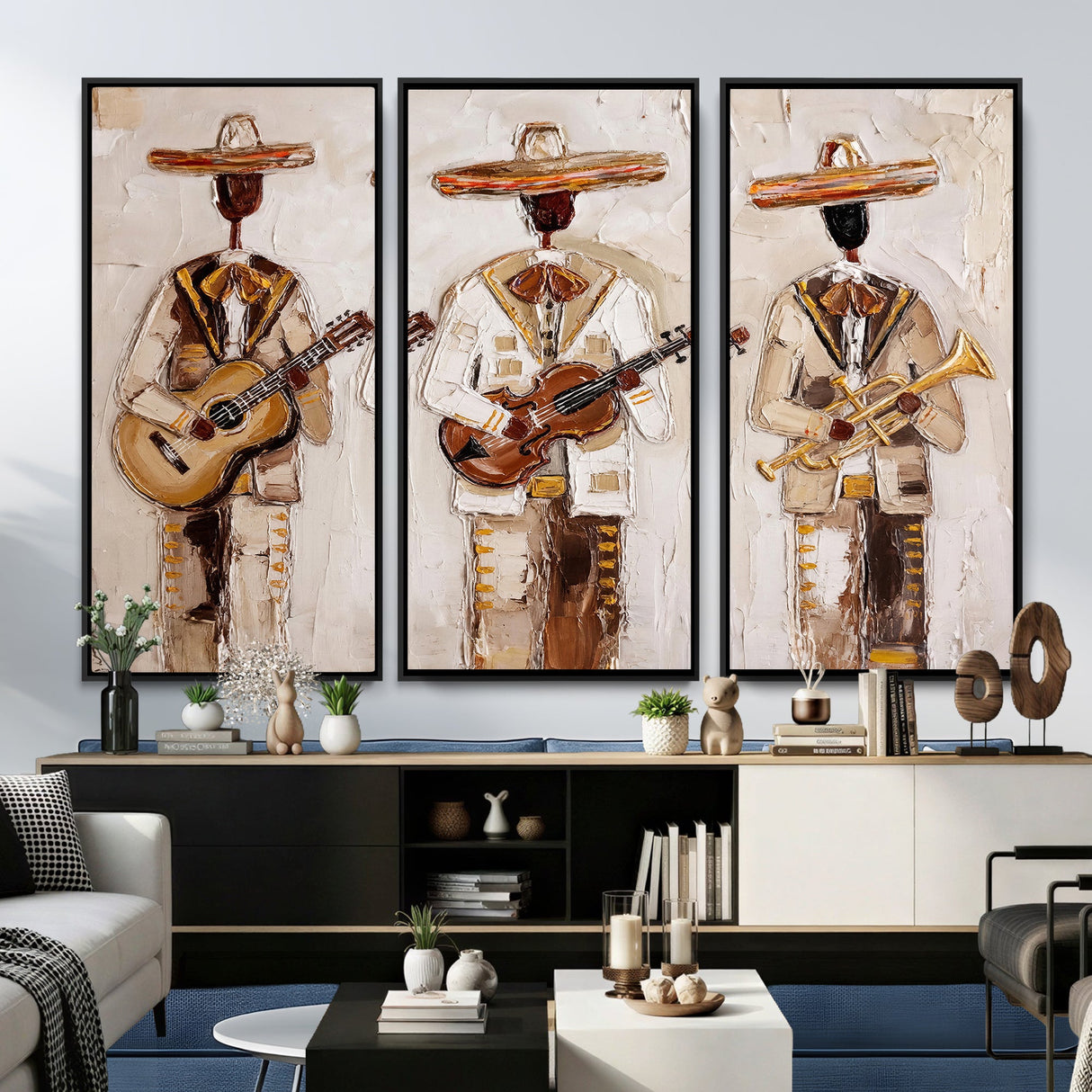 Mariachi Band Canvas Wall Art, Mexican Music Guitar Violin Trumpet Painting, Neutral Impasto Folk Art, Southwestern Boho Living Room Decor