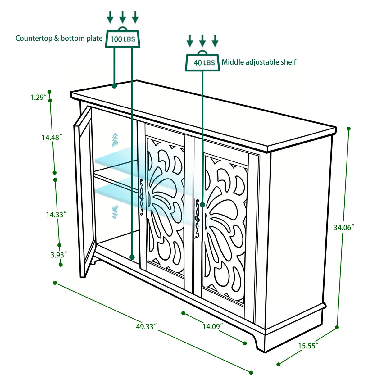3 Door Mirrored Sideboard Cabinet With Adjustable Shelves