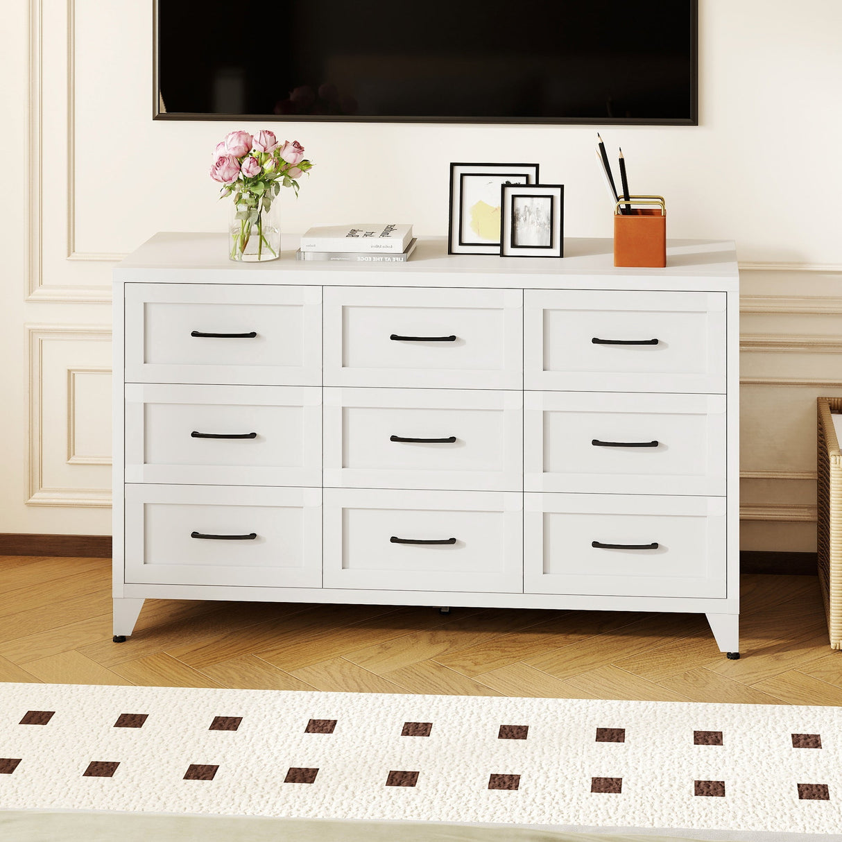 9 Drawer Dresser for Bedroom, Metal Profile Chest of Drawers, White Bedroom Dresser with Storage Drawers for Closet, Hallway, Entryway, Steel Furniture with Quiet-Glide Rails, Easy-Clean & Scratch