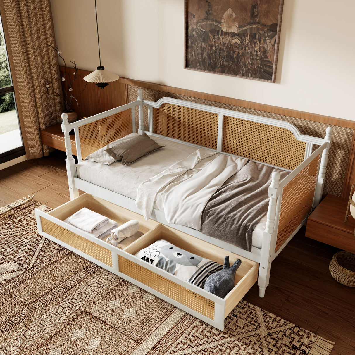 Traditional Style Rattan Daybed, No Box Spring Needed