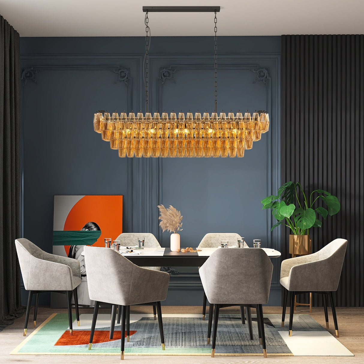 54' Black Rectangular Chandeliers for Dining Room, 12-Light 4 Tiered Large Smoke Glass Chandelier, Modern Kitchen Island Farmhouse Hanging Light Fixture for Living Room Foyer(Bulb not included)