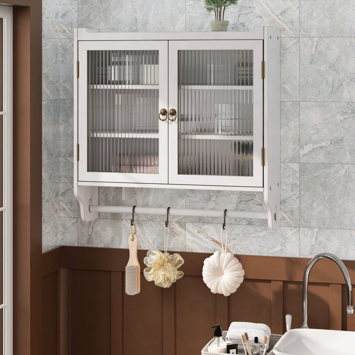 Vintage Double Door Wall Cabinet With Three Tiers Storage And Towel Rack - White Washed