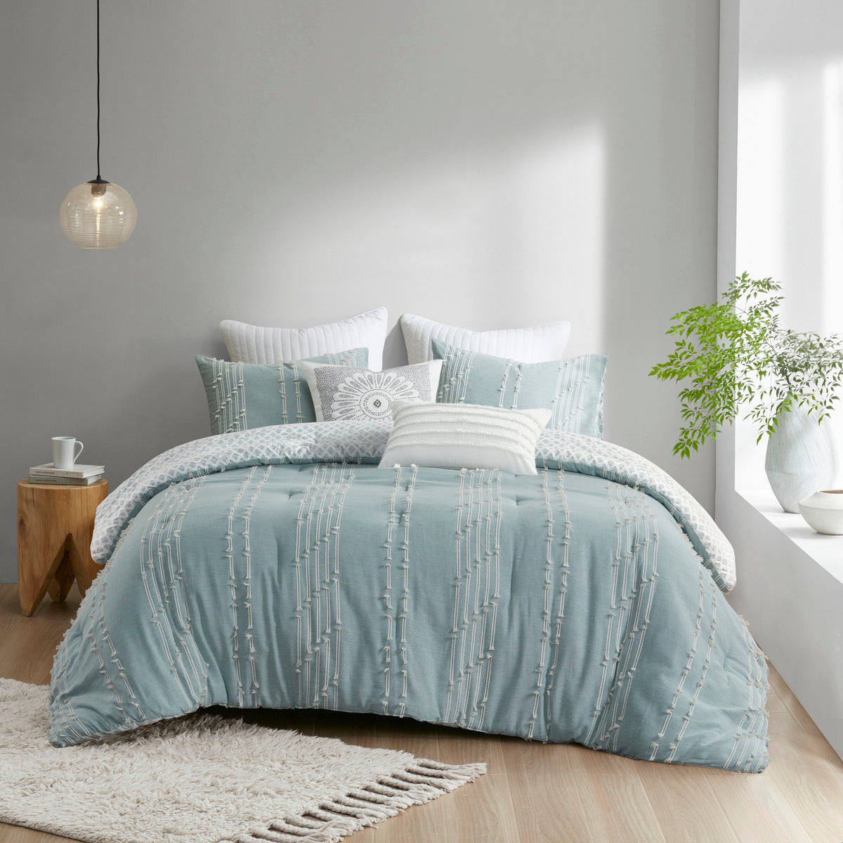 3 Piece Cotton Jacquard Comforter Set Aqua King/Cal King