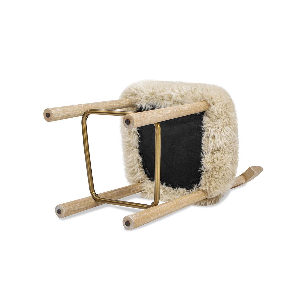 Genuine Fur Counter Height Bar Stool with Brass Footrest - Light Wood