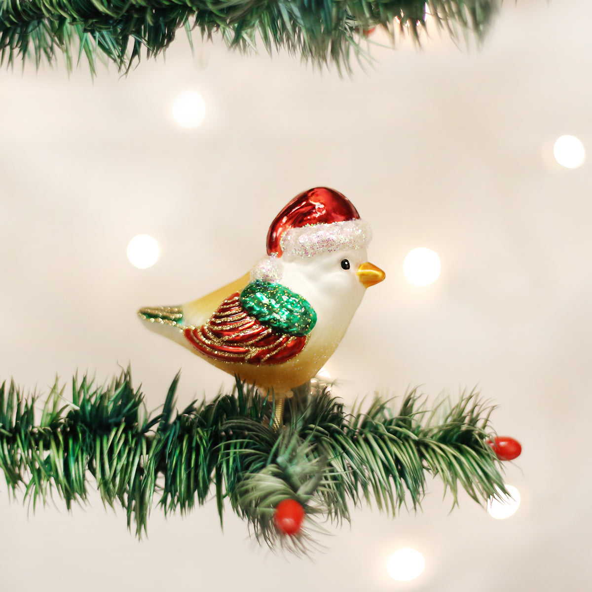 Santa Bird Ornament with Santa Hat 2.5 x 2.5 x 1.75 Inches