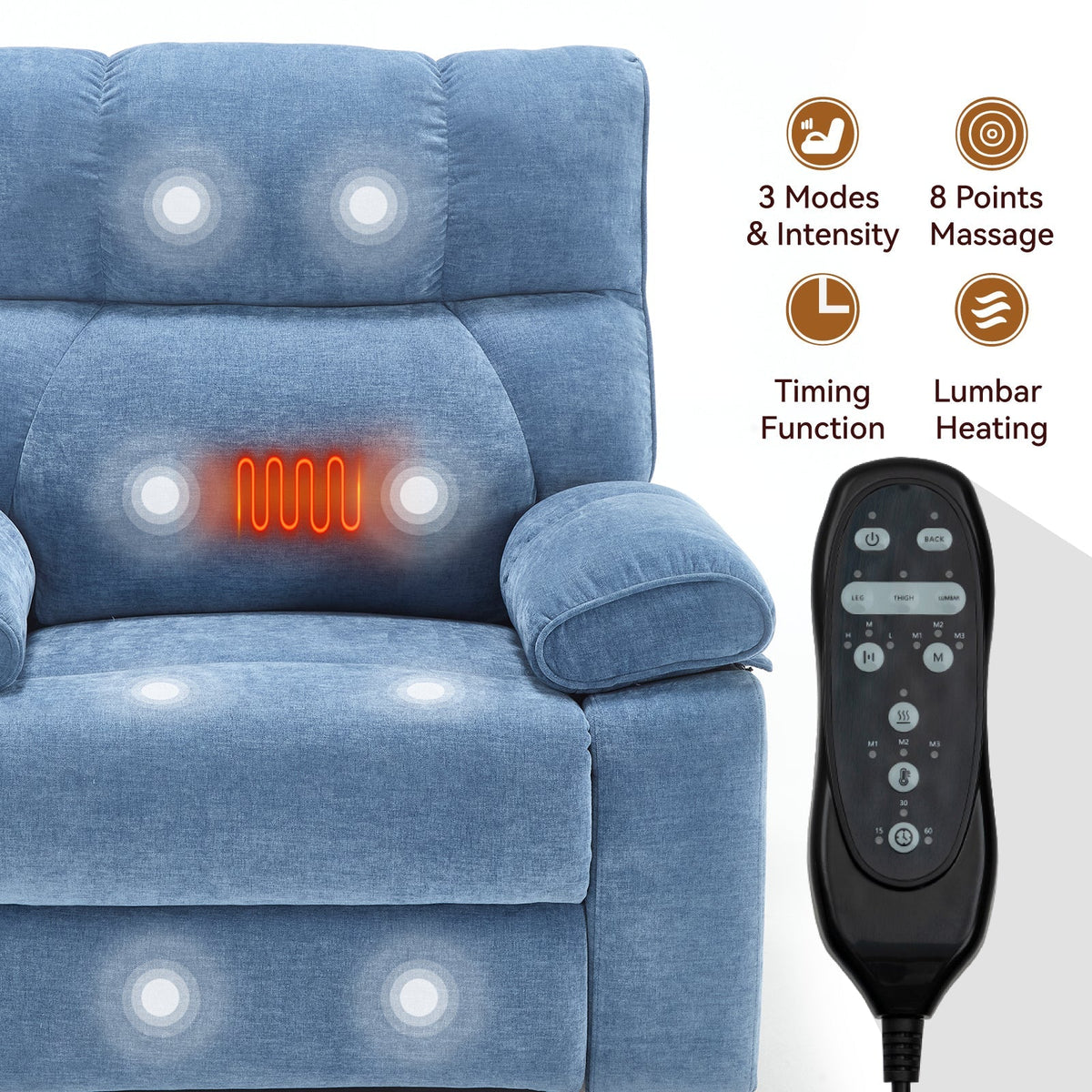 Blue Heat Massage Dual Motor Lift Recliner Chair with Electric Heat - Blue