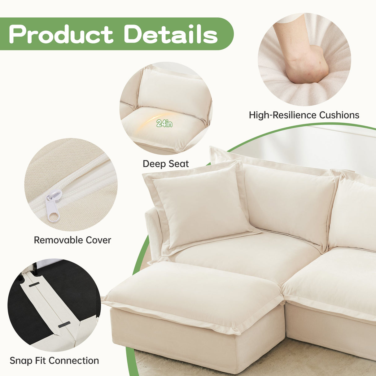 Oversized Chenille Living Room Sofa with 3 Ottomans