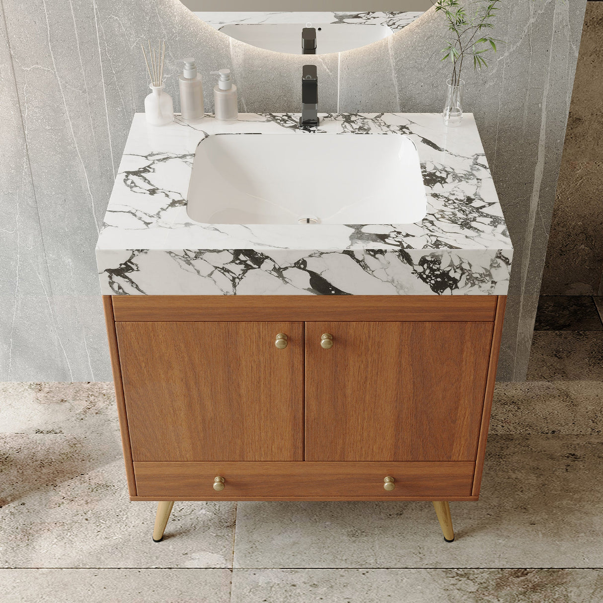 Mid-Century Free-Standing Bathroom Vanity with Faux Marble Top