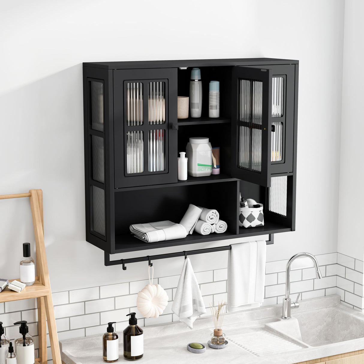 3 Door Wall Cabinet With Glass Door And Towel Bar