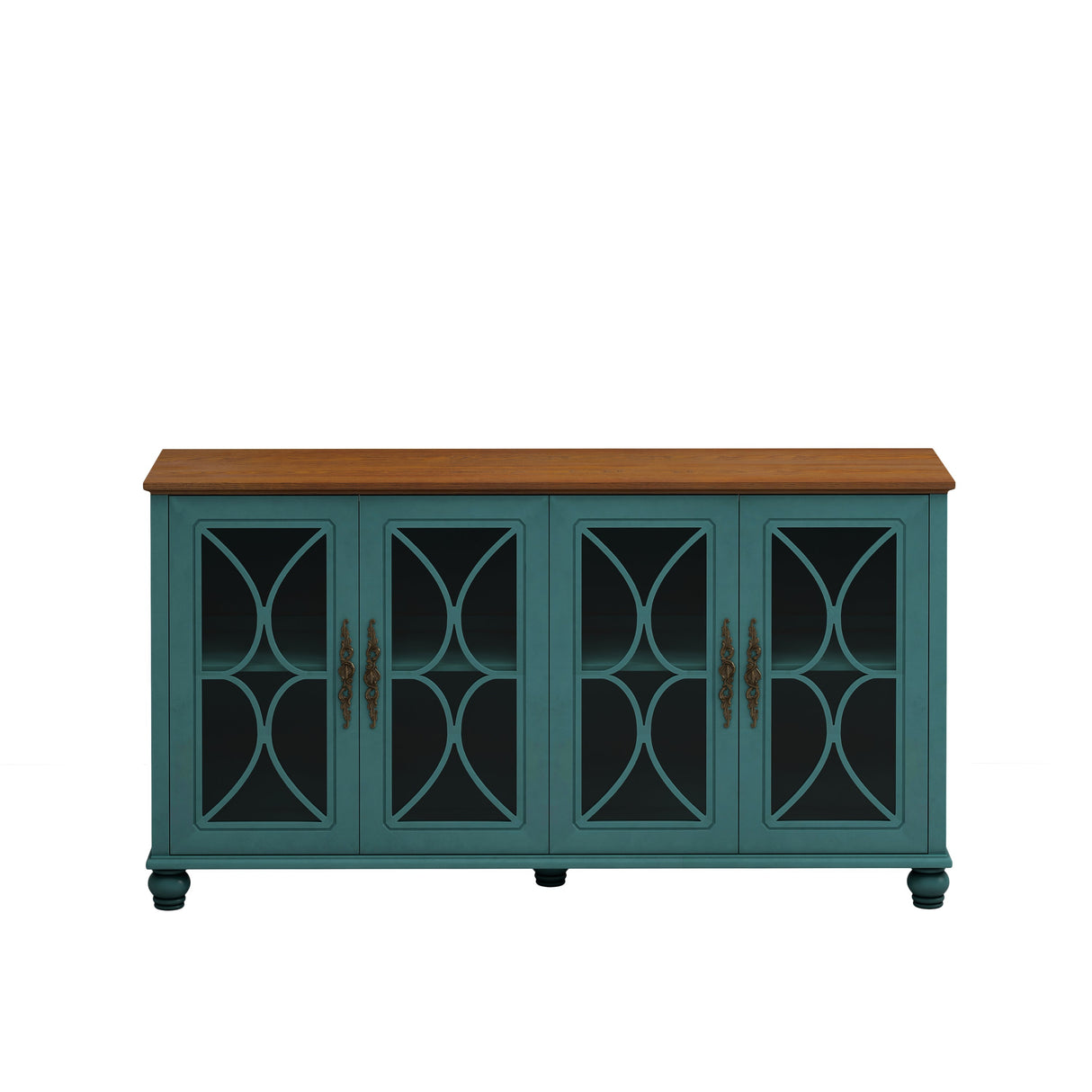 Elegant European Antique Style 4-Door Cabinet with Tempered Glass Doors, Dark Green MDF with Wood Veneer and Solid Wood Legs, 59.45L x 15.75W x 31.89H inches