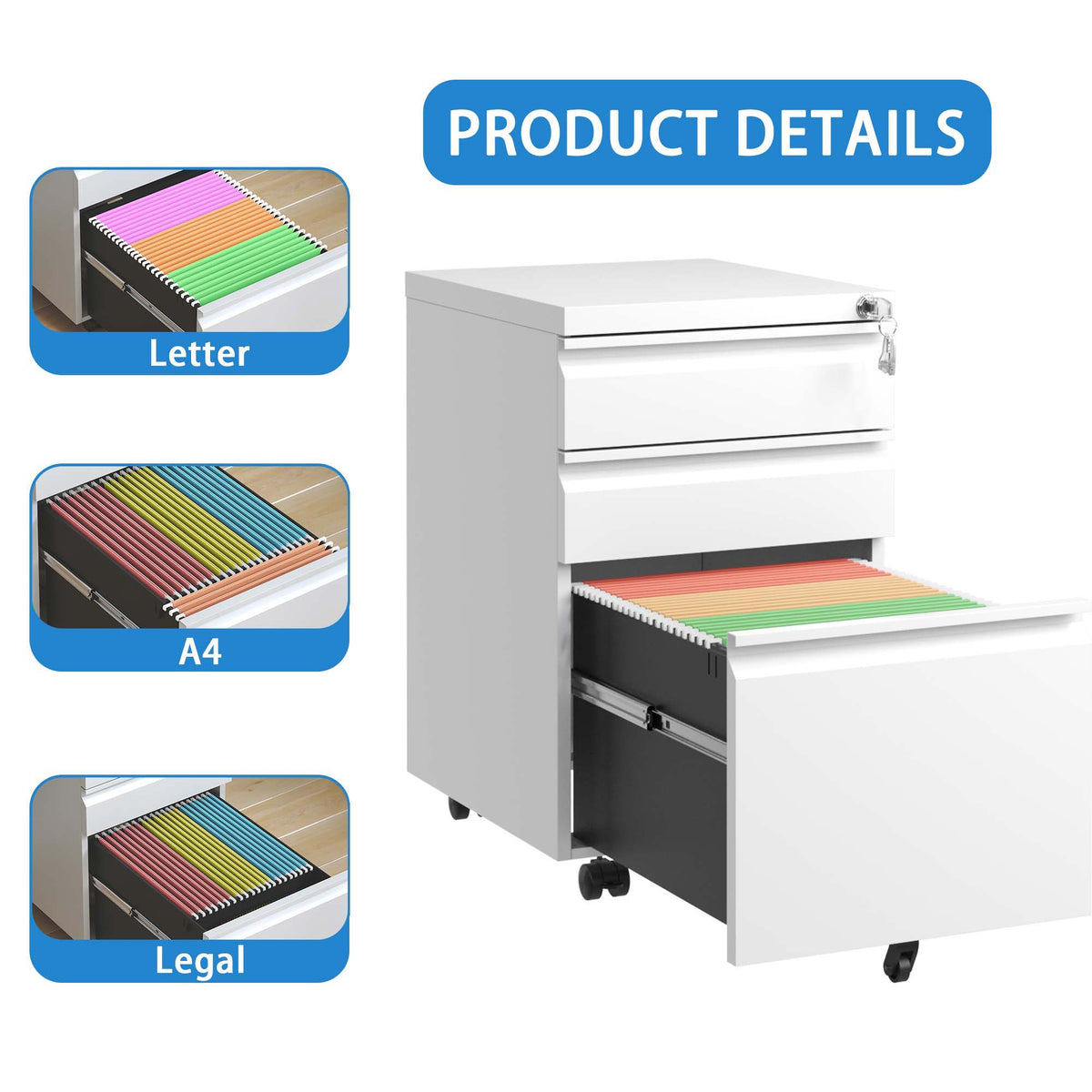 Metal Drawer Mobile File Cabinet With Lock For Home Office Organizer