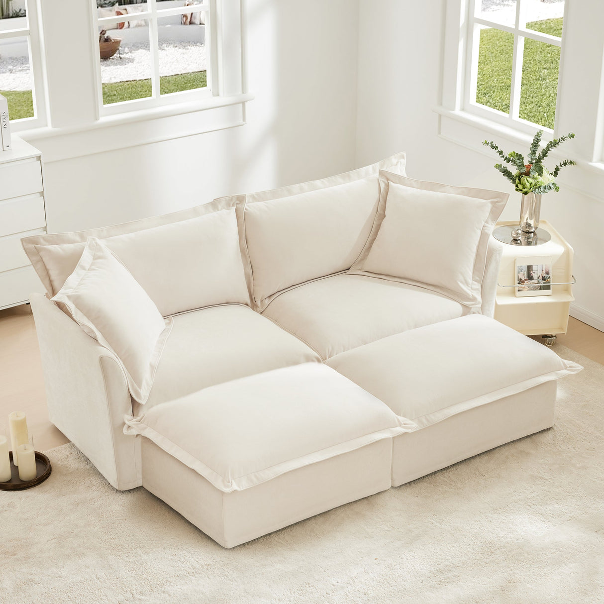 Slipcovered Sofa 2 Seater Sofa With 2 Ottomans