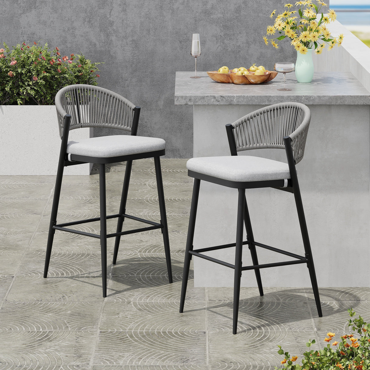 Outdoor 30.25' Bar Height Metal Frame Counter Stools with Scallop-shaped Backrest & Water-resistant CushionsSet of 2Matte Black