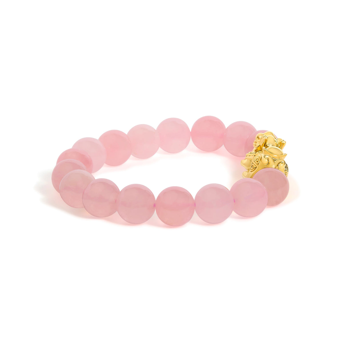 18K Yellow Gold Dragon Charm Natural Rose Quartz Beaded Charm Bracelet