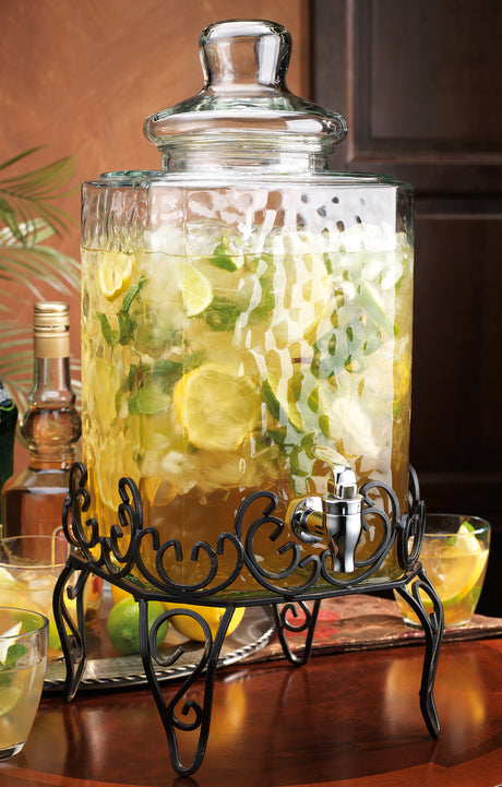 Hammered Glass Beverage Dispenser With Custom Chalkboard Label On Stand