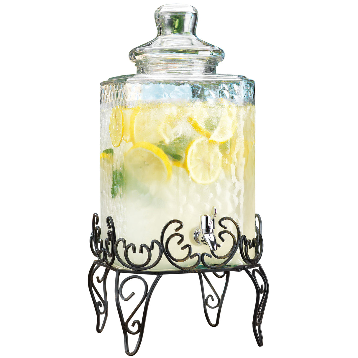 Hammered Glass Beverage Dispenser With Custom Chalkboard Label On Stand