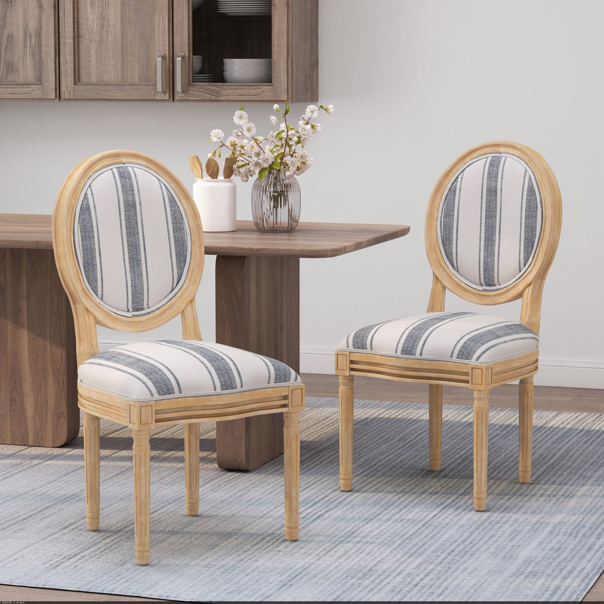 French Country-Inspired KD Dining Chair with Iconic Round Backrest in Blue Fabric