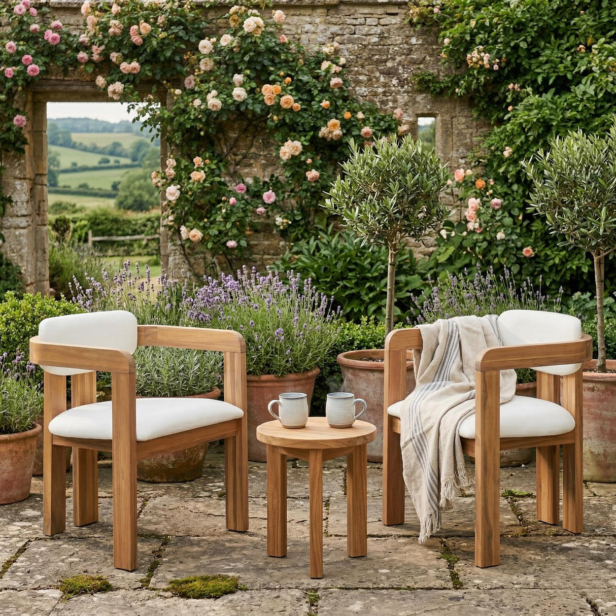 Set of 2 Outdoor Acacia Wood Dining Chairs with Cushions