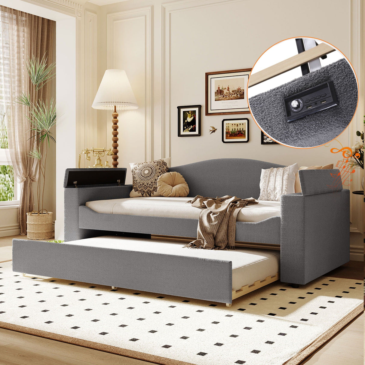 Upholstered Daybed With Storage Armrests, Trundle And Latest Integrated tooth Audio System
