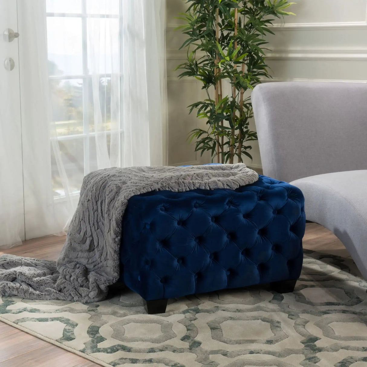 Modern Glam Ottoman With Upholstery And Button Tufted Design