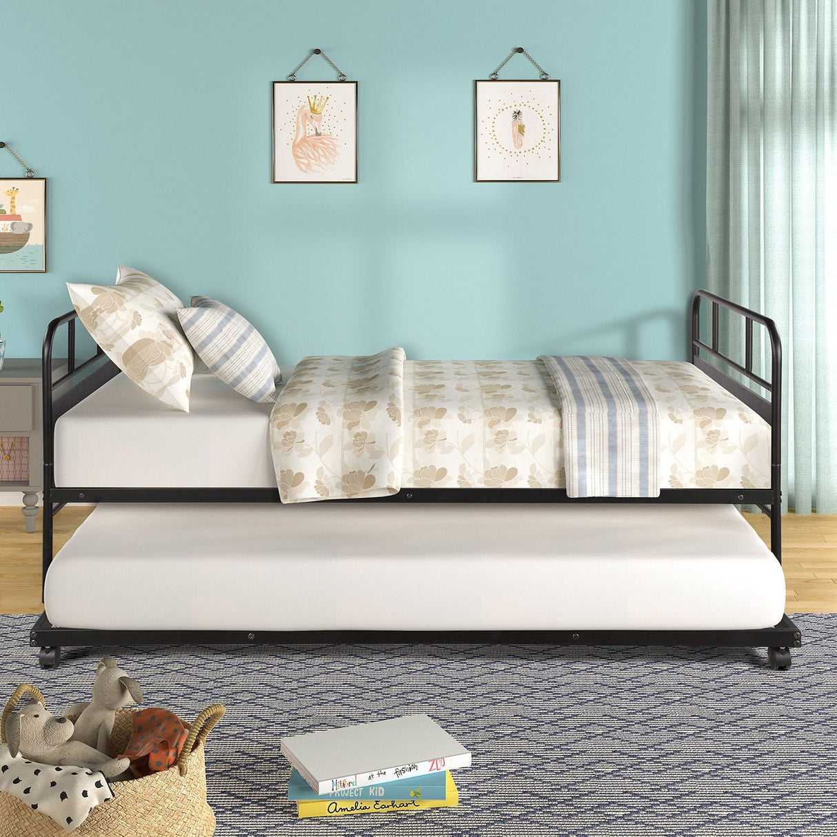 Twin Size Daybed Platform Bed Frame With Trundle Built In Casters - Black