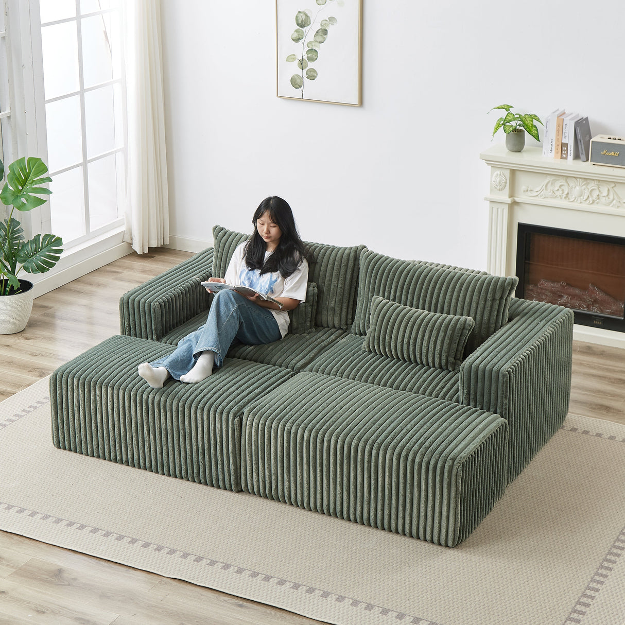87' Oversized Sectional Lounge Chaise with Plush Corduroy Fabric