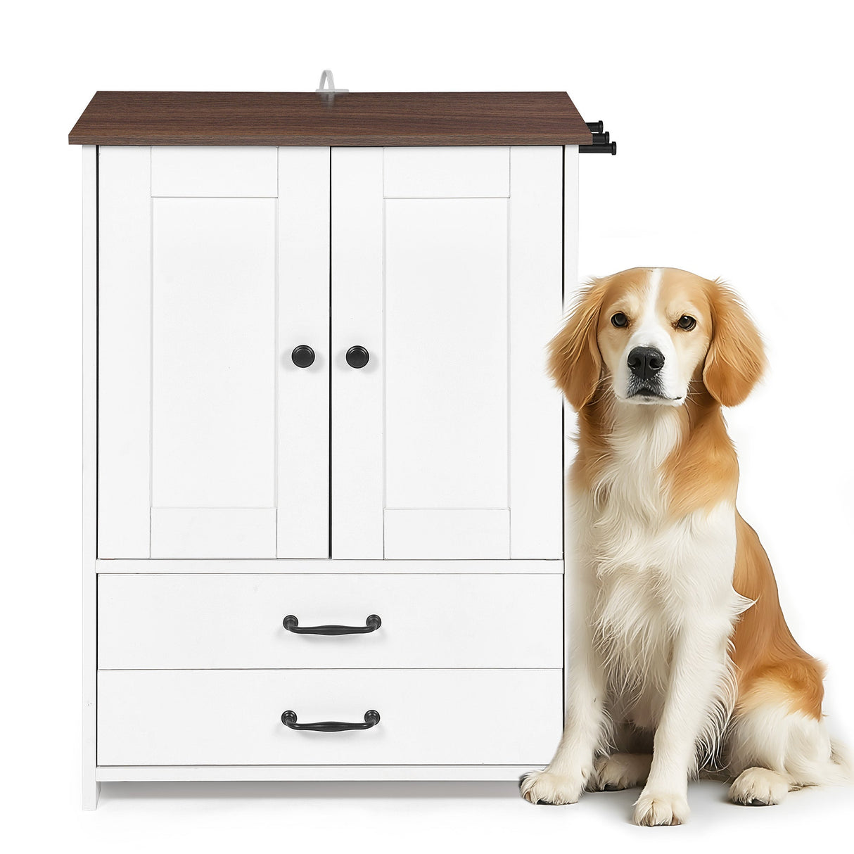 Dog Feeding Station Double Door Locker with 2 Adjustable Dog Bowls - White
