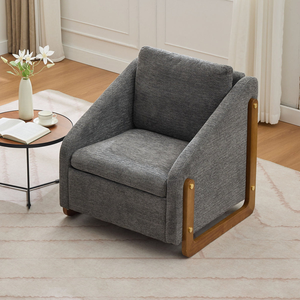 Modern Upholstered Armchair With Wooden Side Frame
