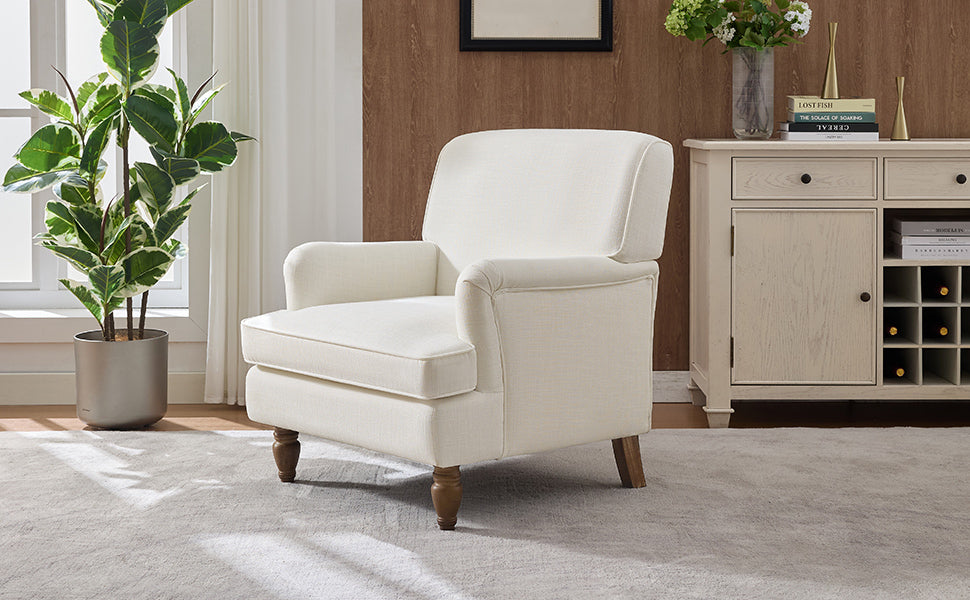 Vintage Upholstered Linen Fabric Armchair with Antique Solid Wood Legs