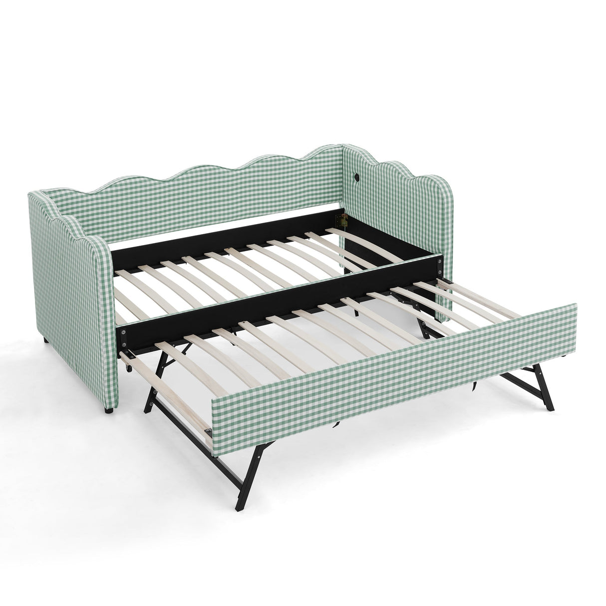 Cozy Gingham Daybed with Trundle Twin Size Sofa Bed No Box Spring Needed, with USB Port and Adorable Wave Shaped, Linen Fabric