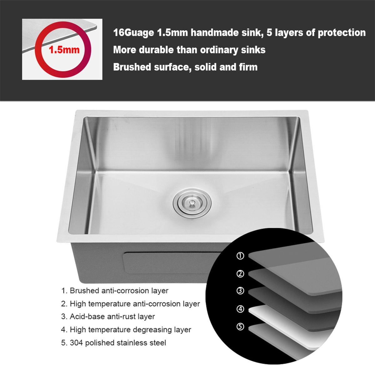 Modern Undermount Stainless Steel Kitchen Sink 16 Gauge, Deep Single Bowl