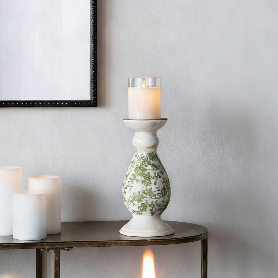D4.7x10' White Ceramic Candle Holder with Green Floral Patterns, Small
