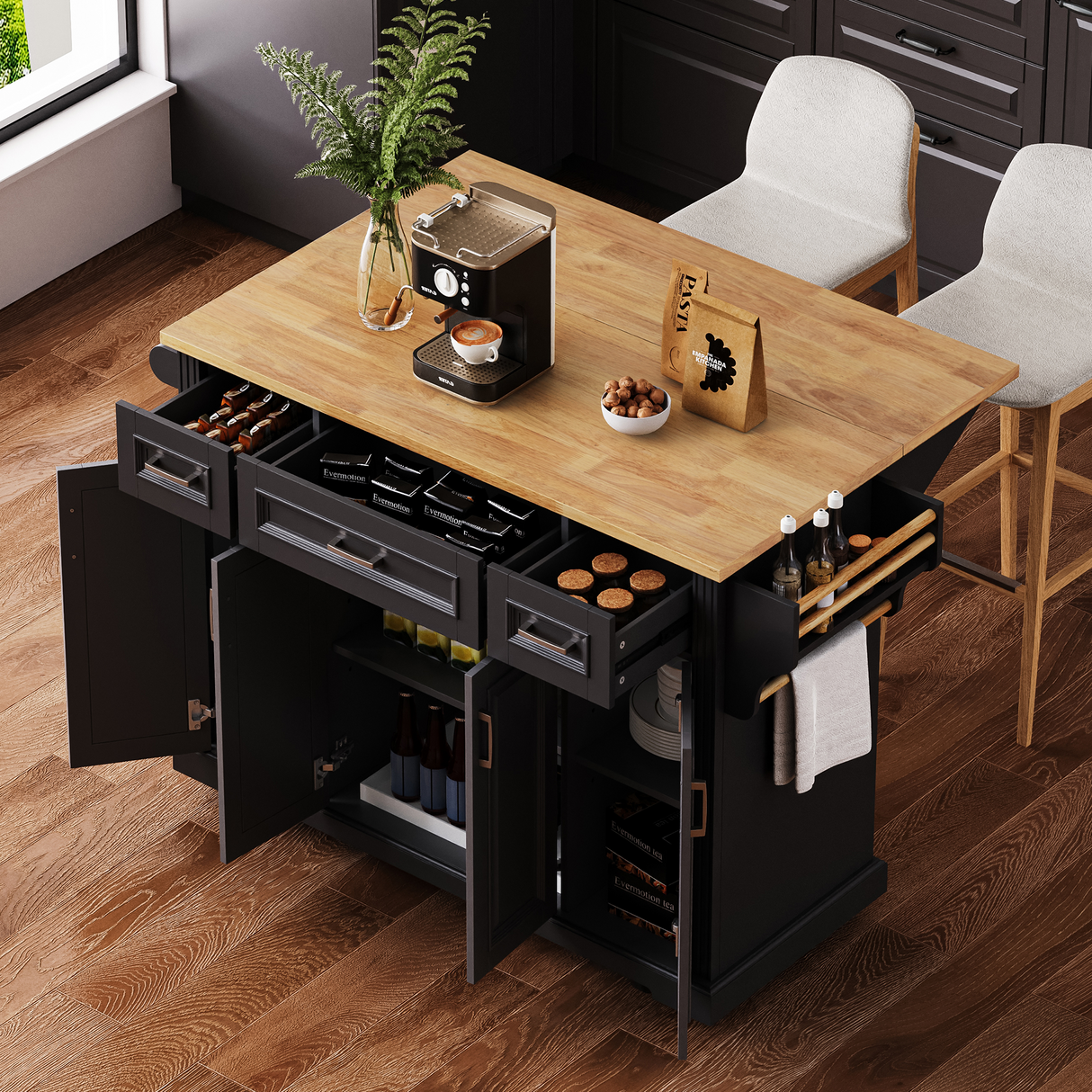 K&K 54 Inch Large Kitchen Island with Rubber Wood Drop Leaf