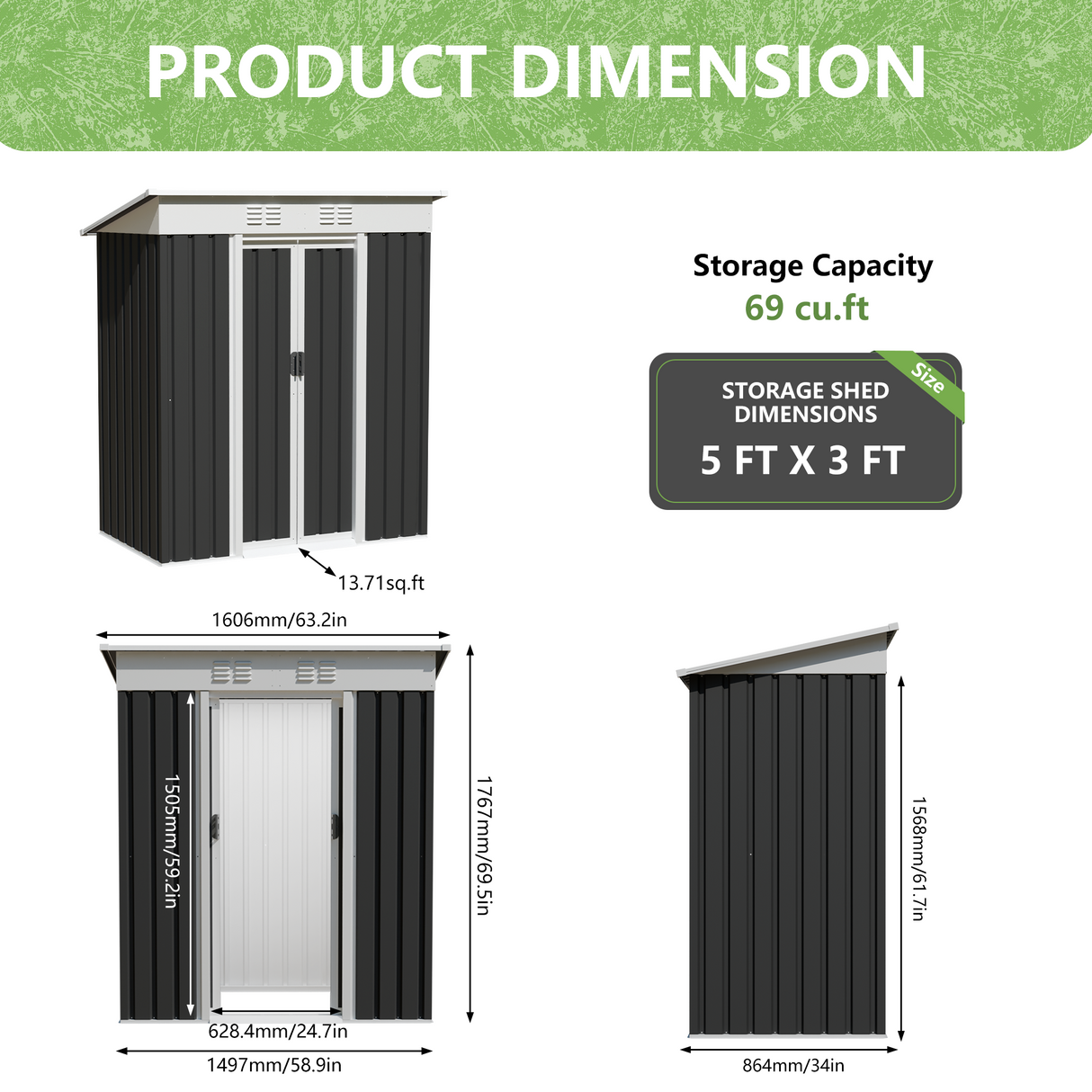 5x3 FT Metal Garden Shed with Sliding Door