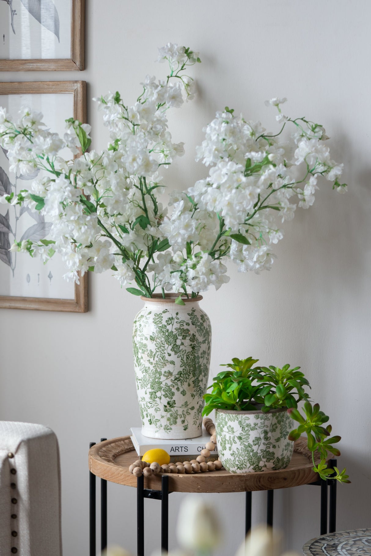 6.5x6.5x11.6' White Ceramic Flower Vase with Green Floral Pattern