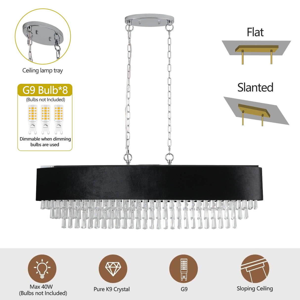 39' Modern Crystal Chandelier with Black Imitation Velvet Anti-Glare Shade, Adjustable Height, 8-Light G9 Base for Dining Room, Living Room, or Bedroom (Bulb Not Included)
