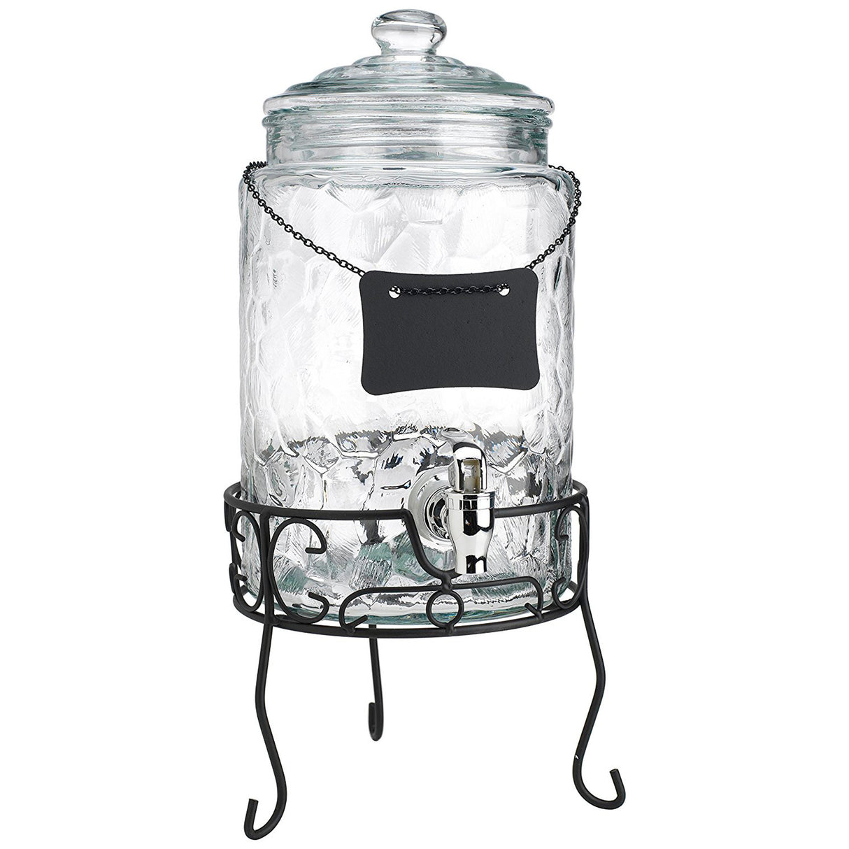 Hammered Glass Beverage Dispenser With Custom Chalkboard Label On Stand