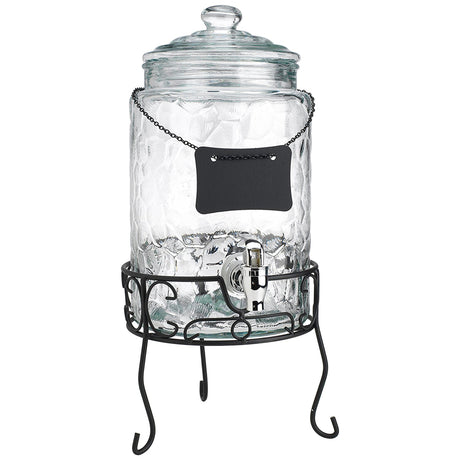 Hammered Glass Beverage Dispenser With Custom Chalkboard Label On Stand