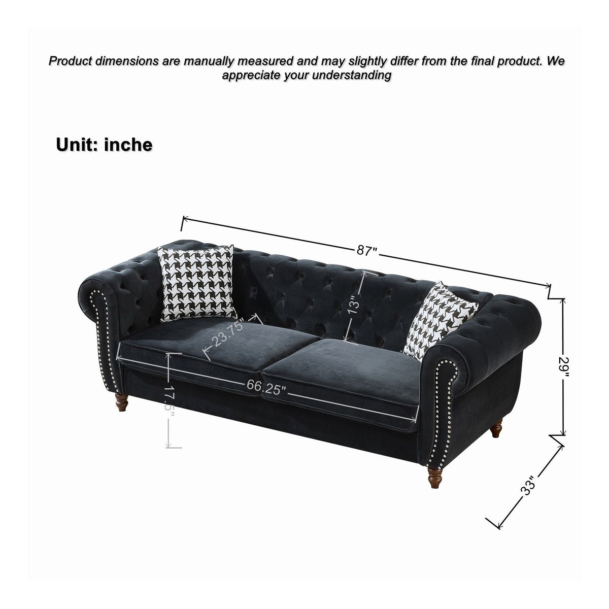 Chesterfield 3 And 2 Seater Upholstery Sofa With Roll Armrest & Nailhead Fabric Couch