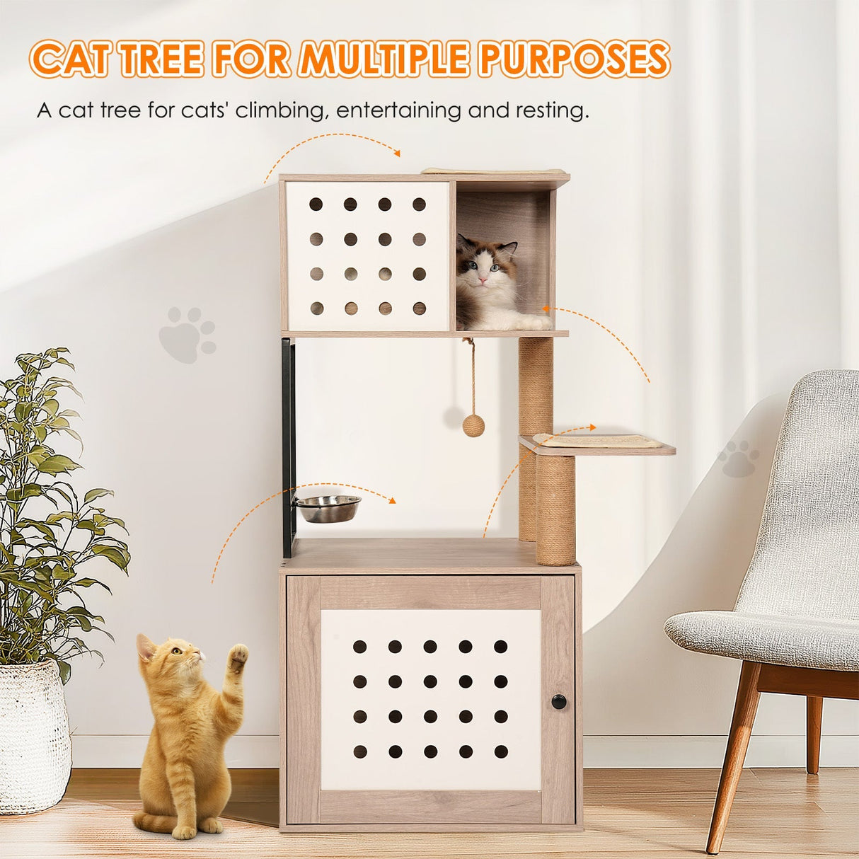 Cat Tree with Litter Box Enclosure and Large Hammock
