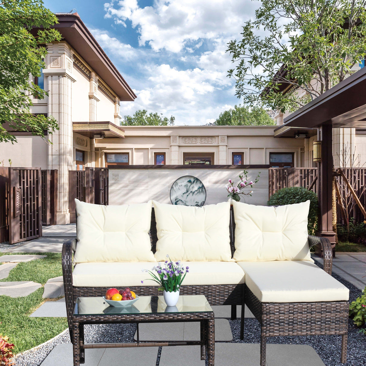 Outdoor Patio Furniture 3-Piece Conversation Set (Beige Cushion)