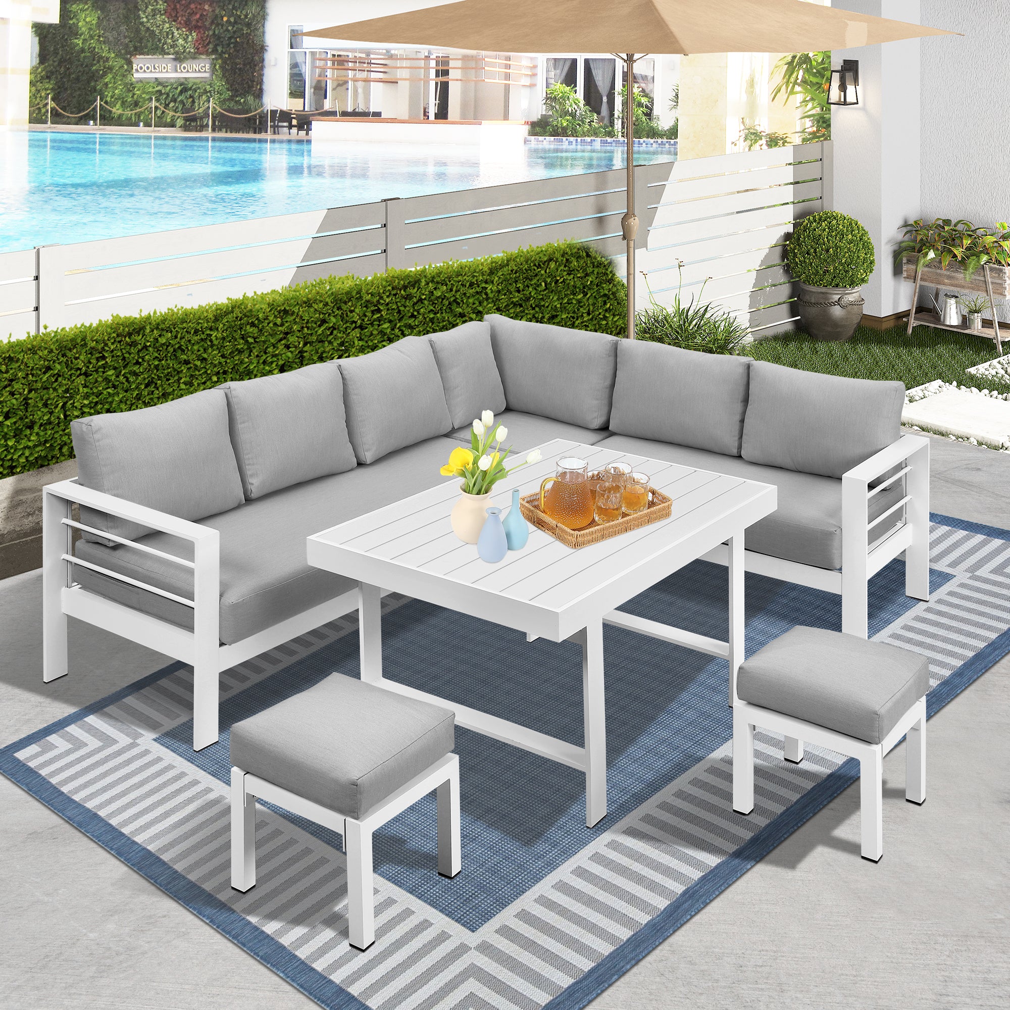 6-Pieces-Outdoor-Dining-Set,-White-Aluminum-Frame-with-Light-Grey-Cushions-Outdoor-Furniture-Sets