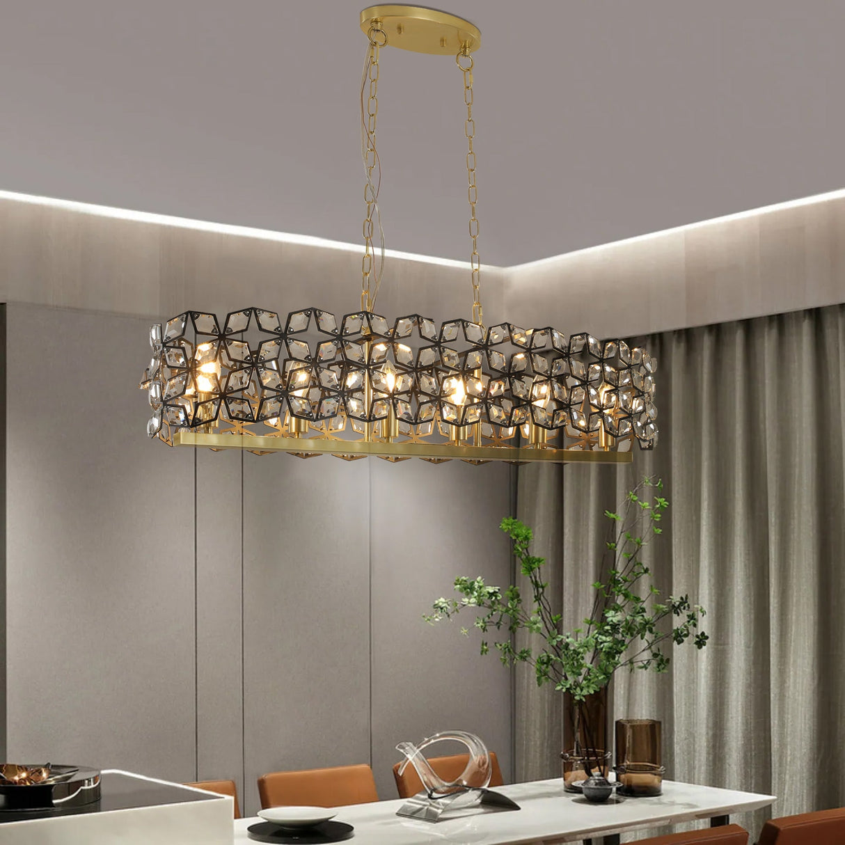 39" Contemporary Crystal and Black-Gold Pendant Chandelier