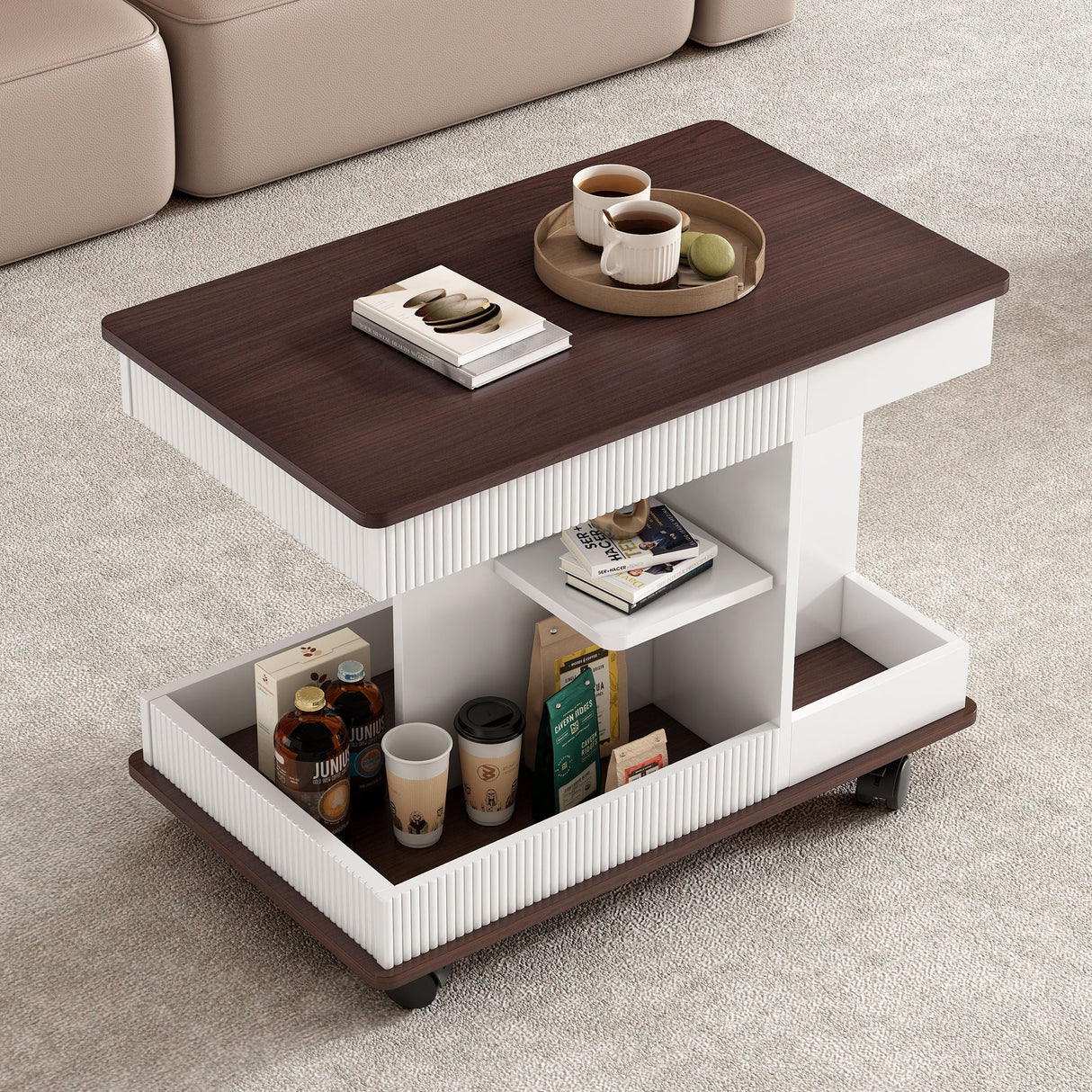 Adjustable End Table With Wheels, 360°Rotating Top And Storage Space