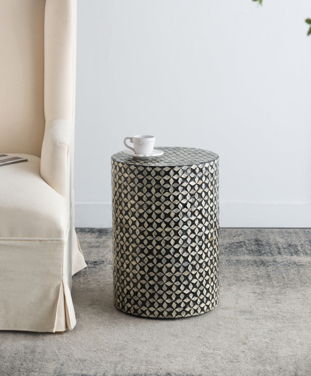 D14x20' Black Round Accent Capiz Stool, Garden Side Table