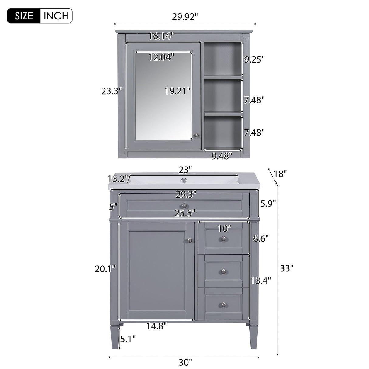 Bathroom Vanity With Top Sink, 2 Doors And 3 Drawers, Freestanding Set With Mirror Cabinet