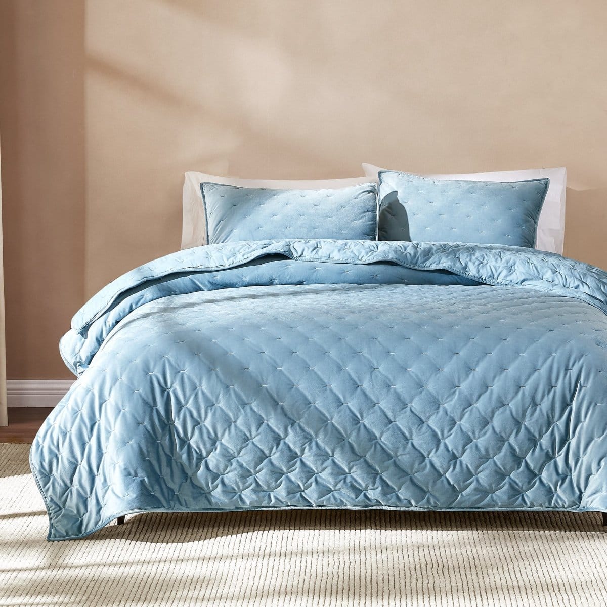 Haven Velvet Embroidered Stitch Cozy Super Soft Quilt 3 Piece Set