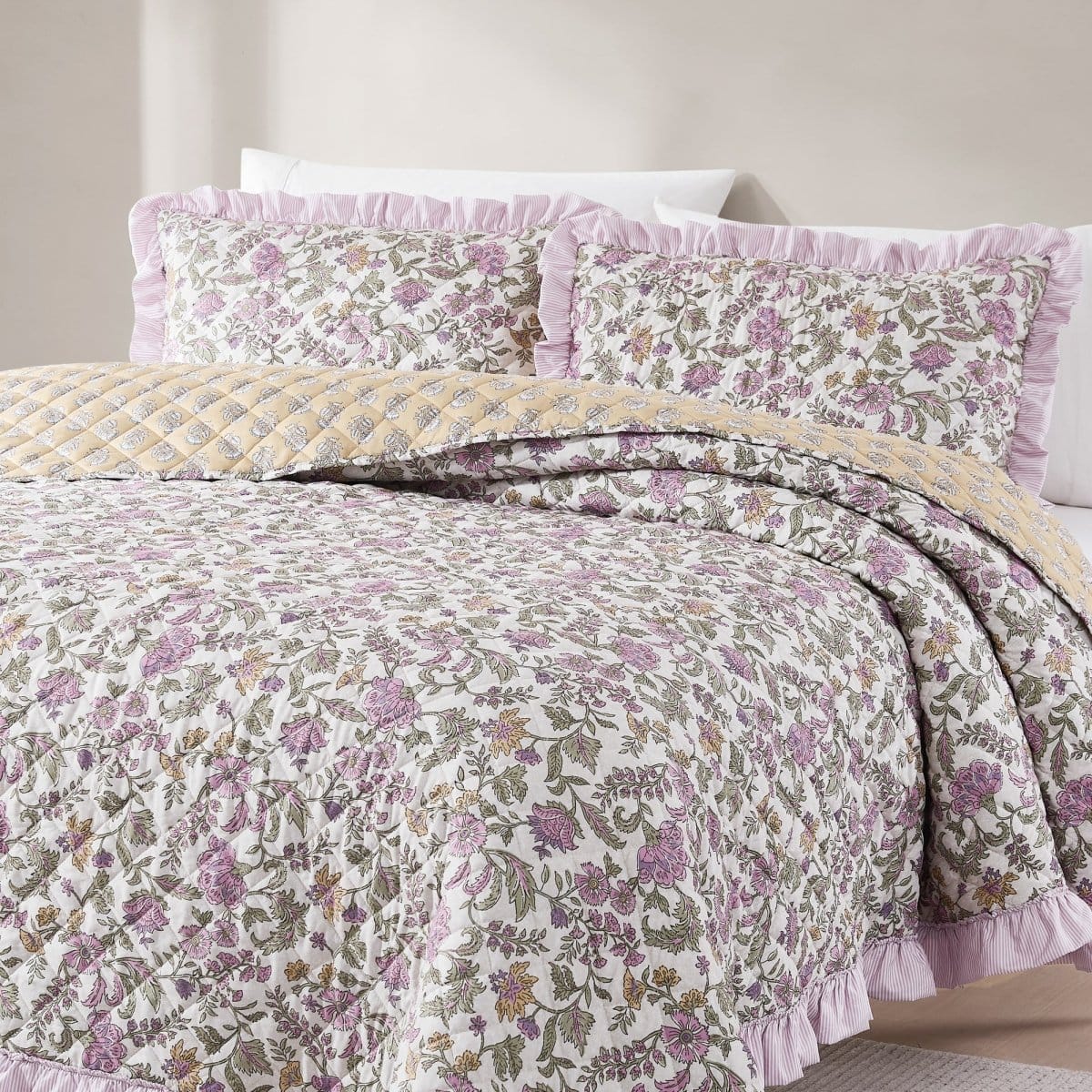 Lola Block Print Ruffle Reversible Floral Quilt Set