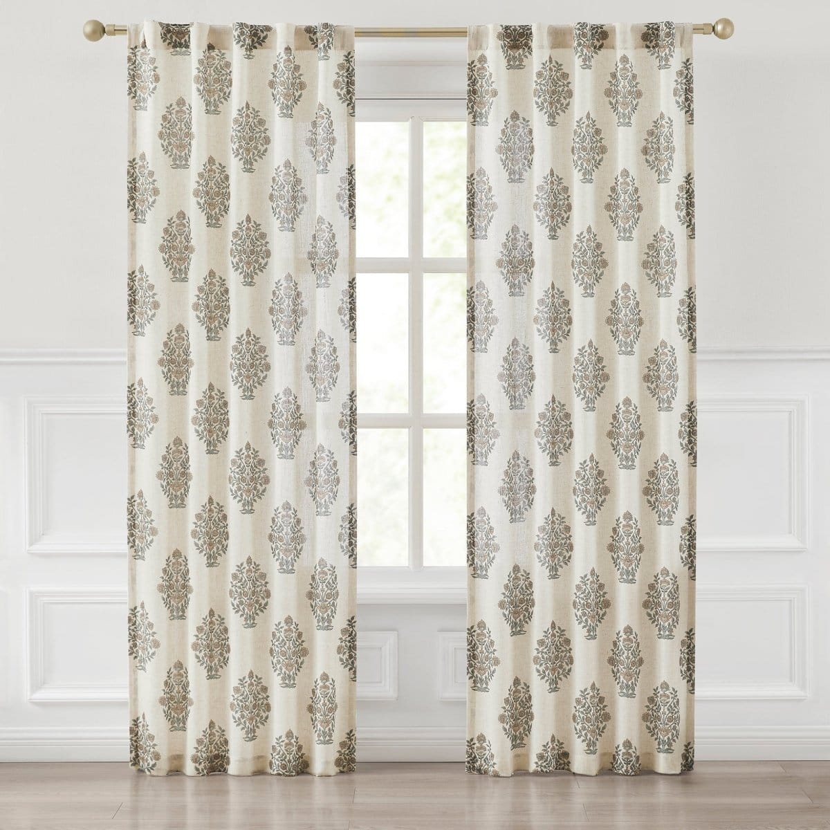 Sofia Flower Block Bouquet Linen Textured Window Curtain Panels