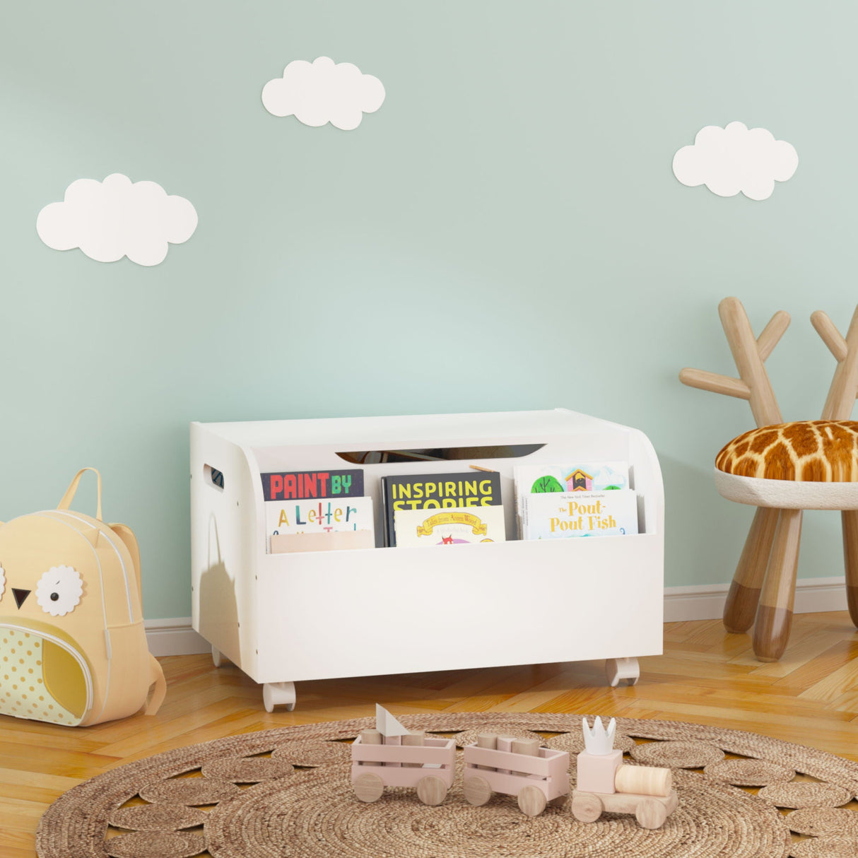 Toy Box With 4 Universal Wheels, Kids Playroom Storage Organizer With Front Bookshelf, Flip Top Lid, Safety Hinge - White